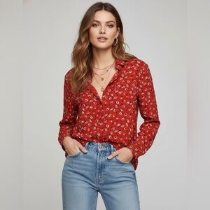 BeachLunchLounge Alanna Red Floral Button Down LongSleeve Shirt Top Size Small